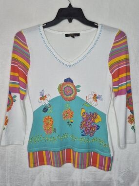 Christine Phillipe Y2K Boho Floral Sequin Striped Beaded Top Womens Size S